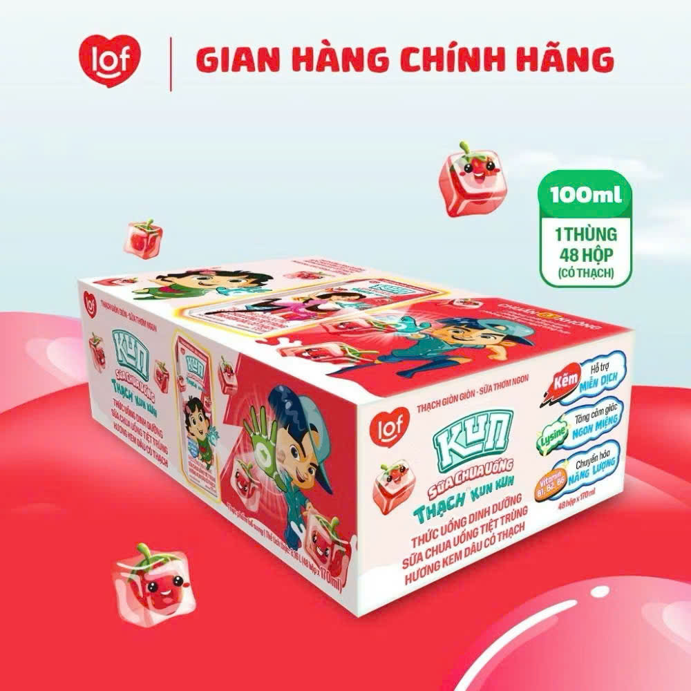 Sữa lúa mạch KUN hương dâu  có thạch hộp 170ml - Thùng 48 hộp x 170ml