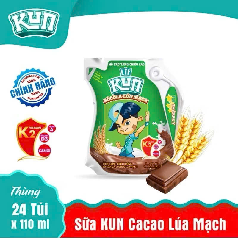 Thức uống dinh dưỡng KUN sô cô la lúa mạch túi 110ml - Thùng 24 túi x 110ml